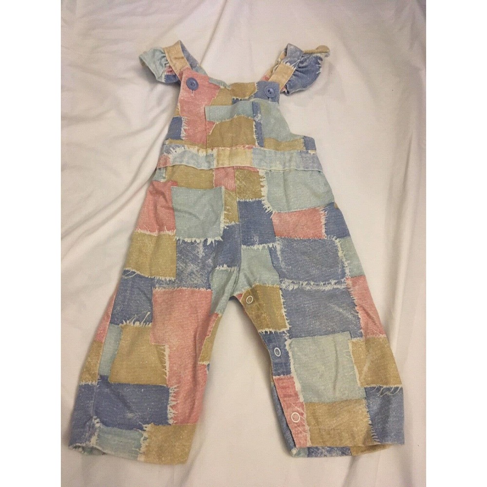 Vintage Pink Blue Ruffle Sleeve Cotton Long Overalls Romper 18 Months THOMAS